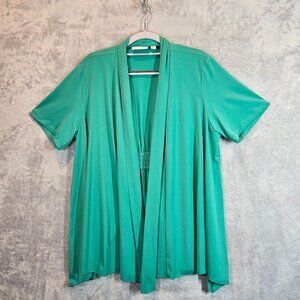 Susan Graver Medium Green Open Front Cardigan Gathered Back Office casual Flowy